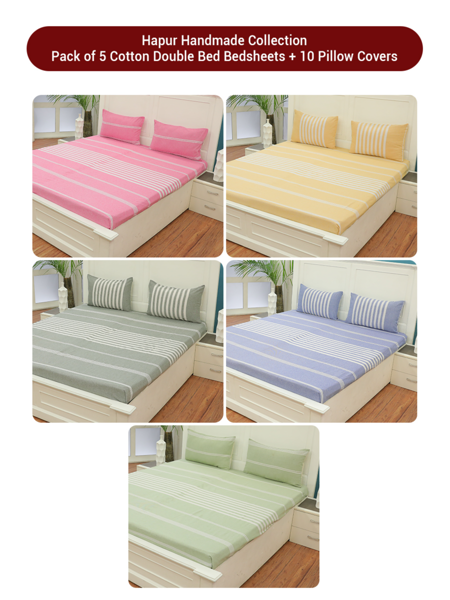 Picture of Hapur Hand Made Pure Cotton Pack of 5 Double Size Bedsheet with 10 Pillow Covers