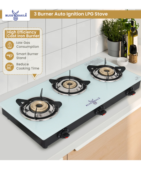 Picture of Blue Eagle 3 Burner Auto Ignition with Toughened Glass Gas Stove Cooktop-LPG Gas-Scratch Proof-white