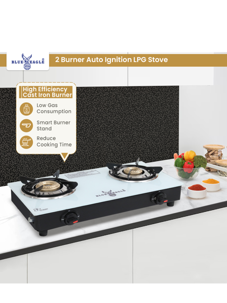 Picture of Blue Eagle 2 Burner Auto Ignition with Toughened Glass Gas Stove Cooktop-LPG Gas-Scratch Proof-White