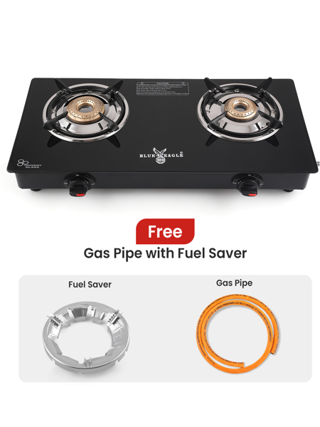 Picture of Blue Eagle 2 Burner Auto Ignition with Toughened Glass Gas Stove Cooktop-Black+Free Gas Saver & Pipe