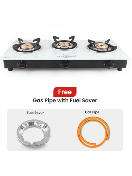 Picture of Blue Eagle 3 Burner Auto Ignition with Toughened Glass Gas Stove Cooktop-White+Free Gas Saver & Pipe